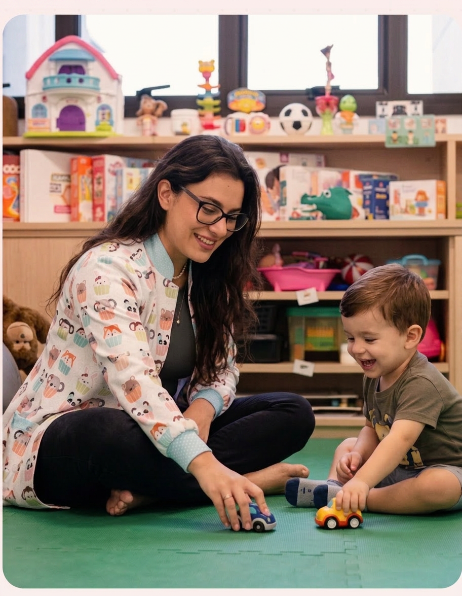 Sessão de fonoaudiologia infantil em consultório acolhedor